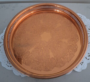 VTG Coppercraft Guild 15" Copper Round Serving Tray Pierced Etched Taunton Mass.